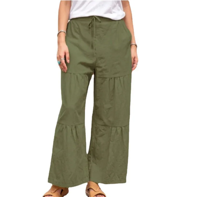 Women's Elastic Waist Tie Solid Color Cotton And Linen Series Casual Loose Trousers