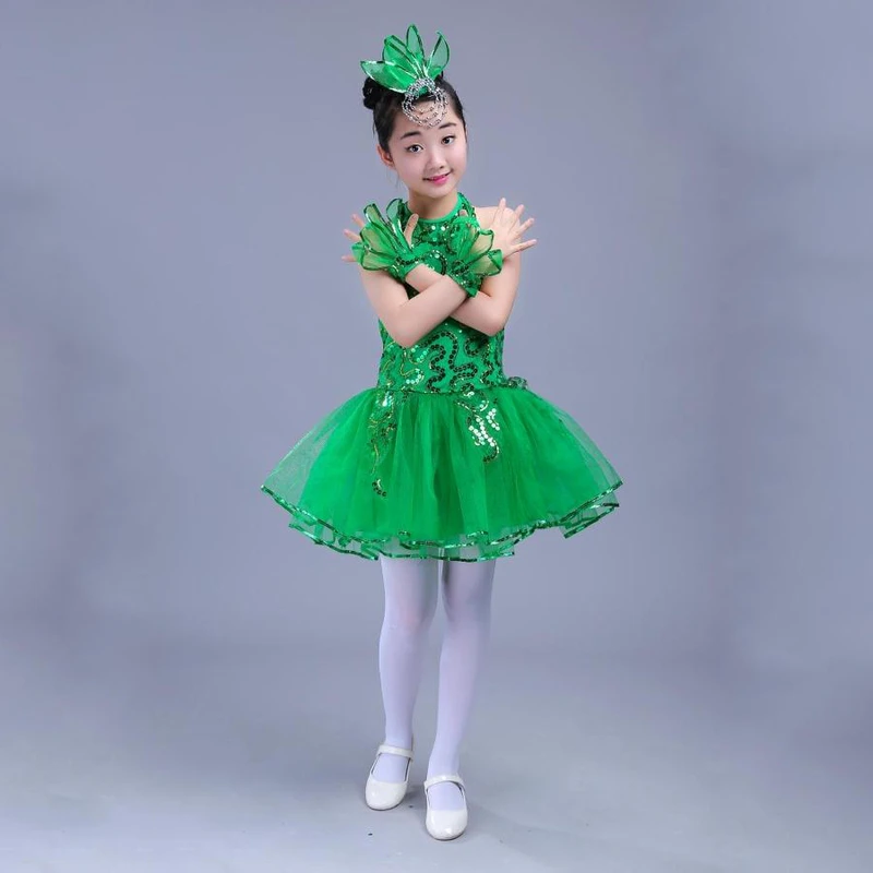 Детский танцевальный костюм без рукавов для девочек зеленый блестящий
