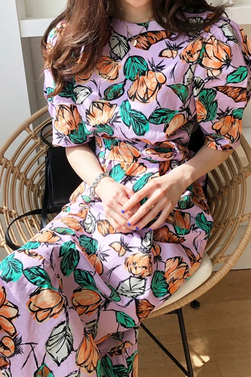 

YAMDI woman midi dress women dresses vintage a-line summer elegant 2020 new korean short sleeve party print floral loose vestido