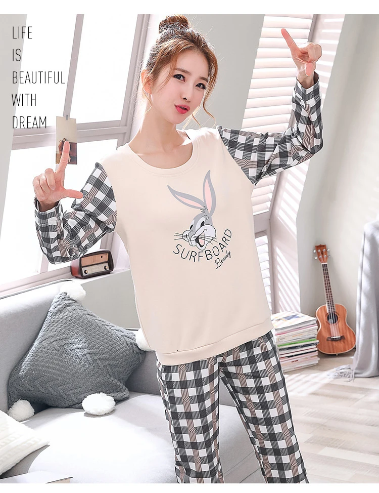 Пижамные комплекты для женщин с круглым вырезом Pijama Mujer пижама с длинным рукавом весенняя Хлопковая пижама Femme Повседневные наборы пижам комплект из двух предметов