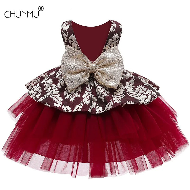 

Vintage Jacquard Dress For Girls 1st Year Birthday Party Wedding Backless Bow Tutu Girl Dress Baby Girl Princess Custume Vestido