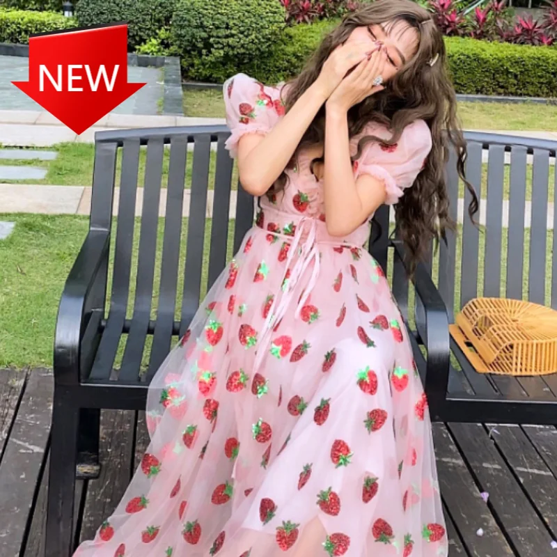 

Party Midi Dress Ruffle Kawaii Korean Casual Vacation Clothing Sweet Elegant Strawberry Dress Women Summer 2021 Pink Beach Boho