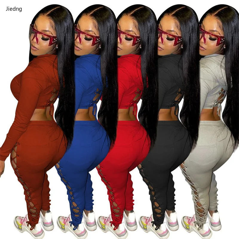

Women Tracksuits Long Sleeves Hooded Neck Sweatshirt Tops Bandage Hollow Out Pencil Pants Solid Bodycon Sexy 2 Piece Set