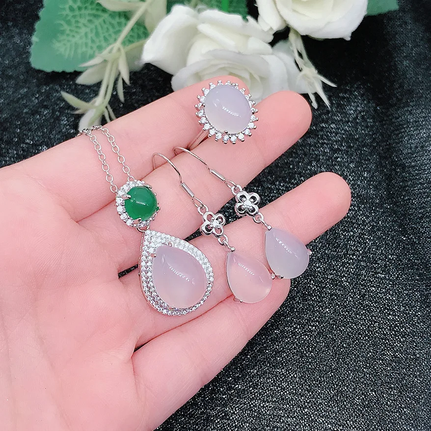 

925 New Jewelry Set Vintage Style Inlaid Natural White Chalcedony Necklace Water Drop Pear Shaped Earrings Adjustable Ring Women
