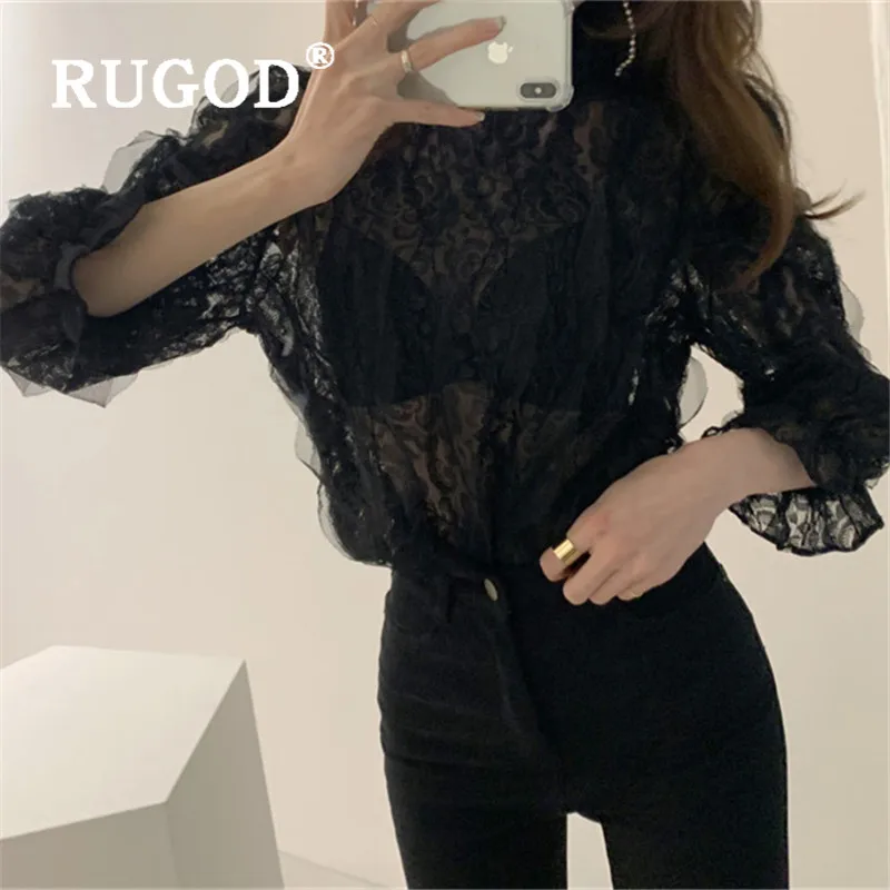 Женская кружевная блузка RUGOD с рукавами колокольчиками элегантная однотонная
