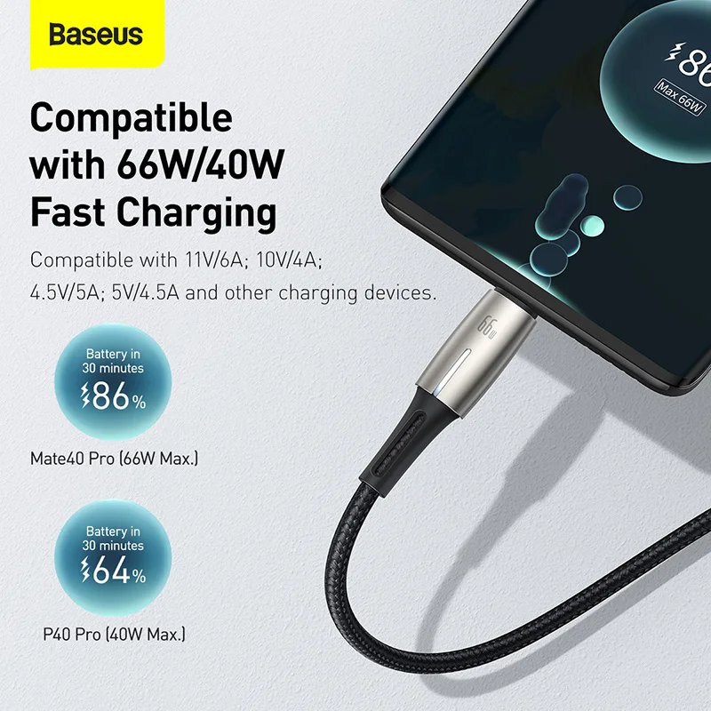 Кабель Baseus 6A USB Type C Сверхбыстрая Зарядка для Huawei Mate 40 P40 Samsung 66 Вт 5A SCP FCP USBC Type-C