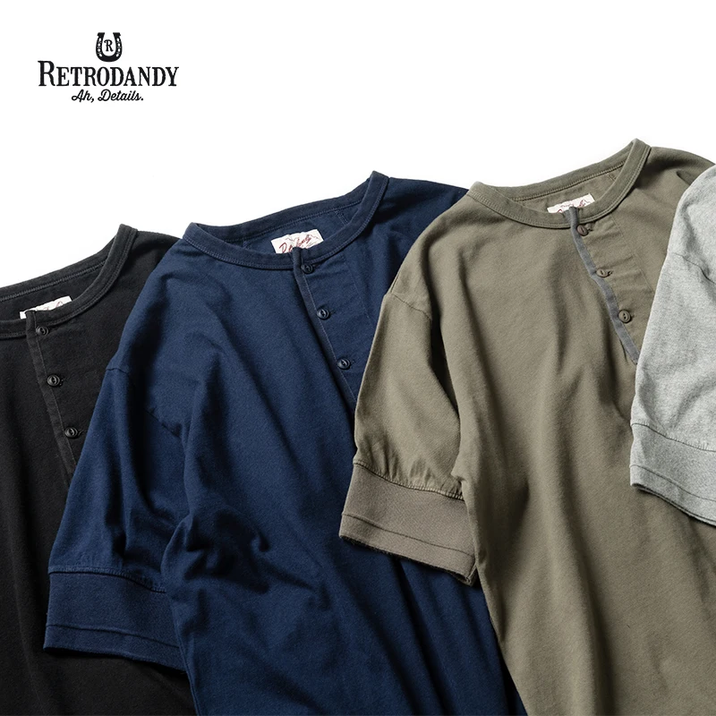 

RETRODANDY Mens Henley Plain Color Cotton T-Shirt Streetwear Vintage Retro Amekaji Thick Top Tee TShirt