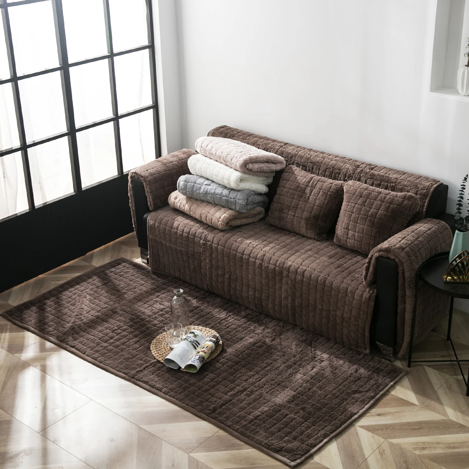 

High-end plush rabbit hair thickening winter antiskid mat sofa combination