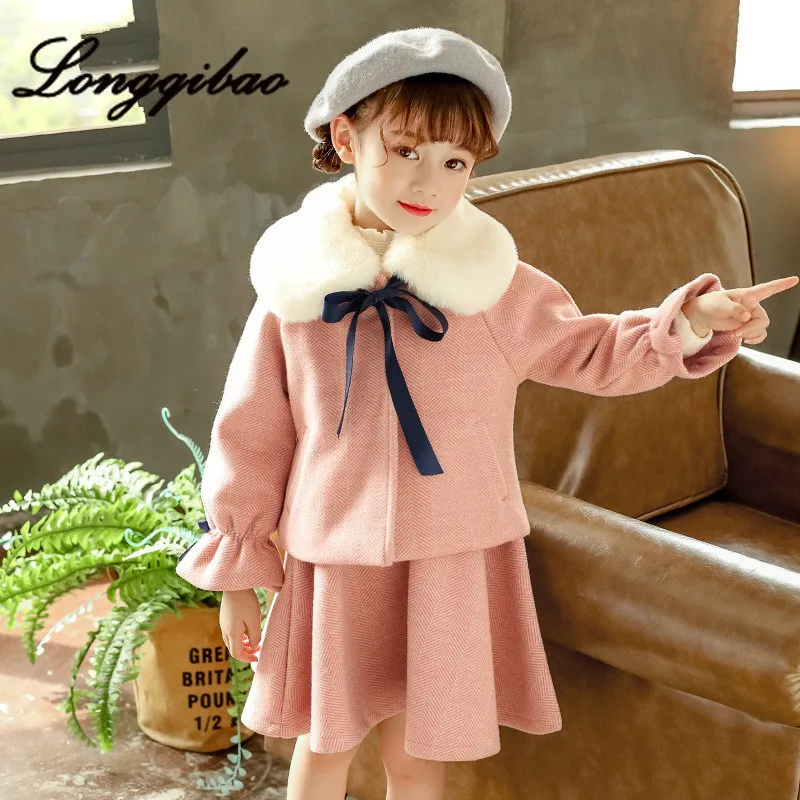 

Girls' small fragrant skirt two piece set of autumn and winter woolen collar coat thick woolen vest skirt children's Woolen suit