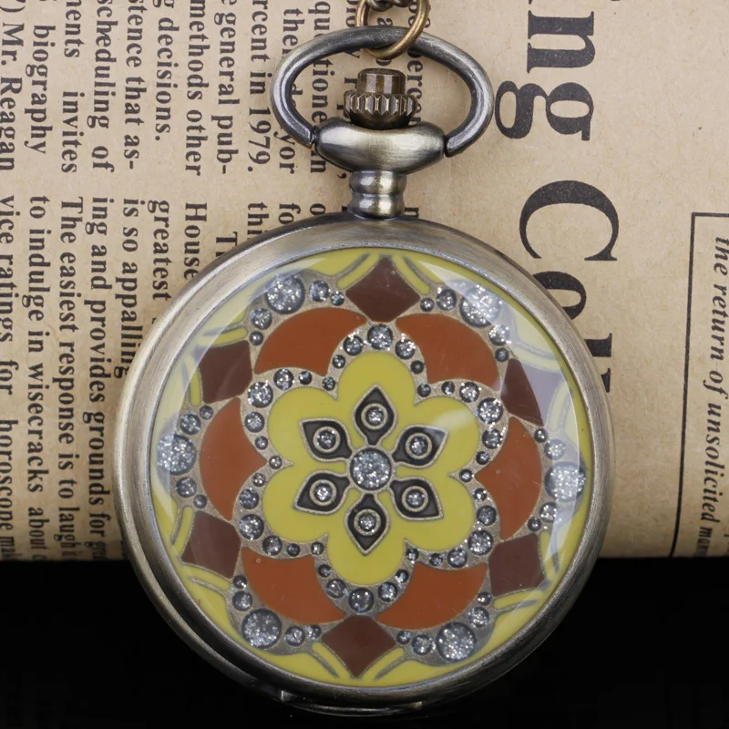 

Винтажные медные кварцевые карманные часы в стиле ретро с цветами и кристаллами с цепочкой и подвеской на цепочке для мужчин и женщин Подар...