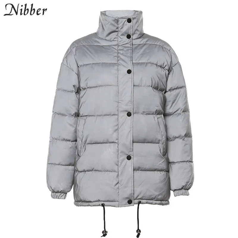 Nibber Winter Fashion Reflective Warm long Coat Womens top Jacket2019 club party Shining loose Outerwear mujer spring Parka Coat - Цвет: Серебристый