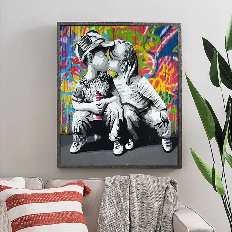 

Children Kissing Graffiti Art Canvas Painting Poster And Prints Lively kids Wall Art Pictures Abstract Picture Home Decoration