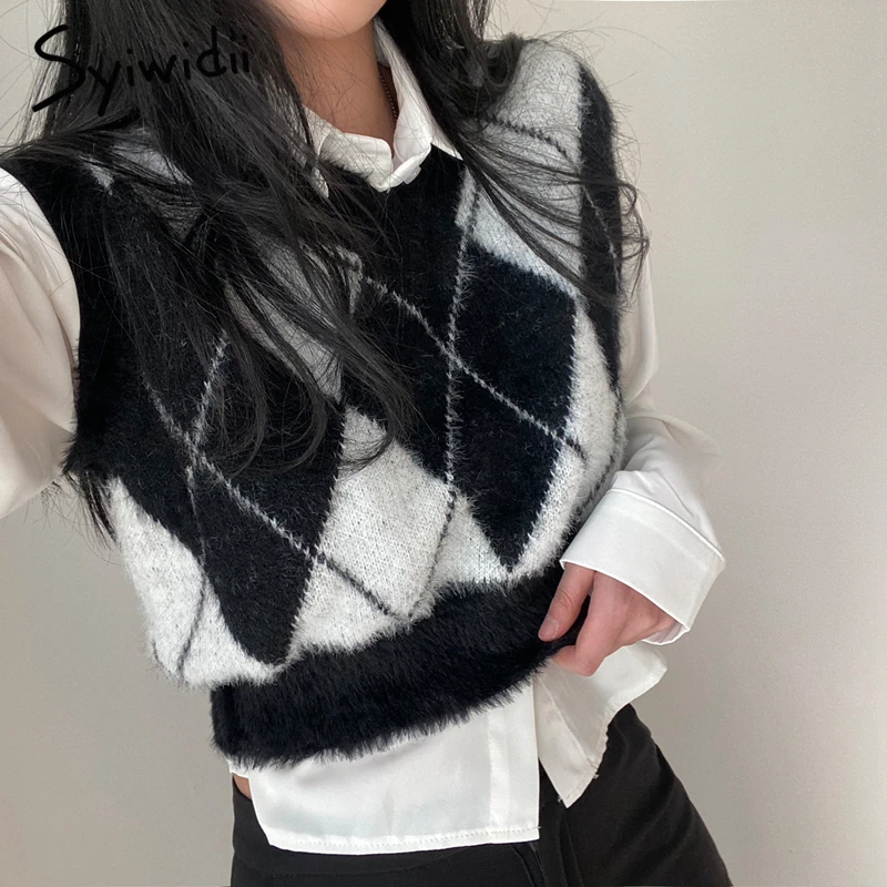 

Syiwidii Sweater Vest Women Jumper V Neck Sleeveless Knitted Crop Top Autumn Winter 2021 Outfit Korean Fashion New Pullover Tops