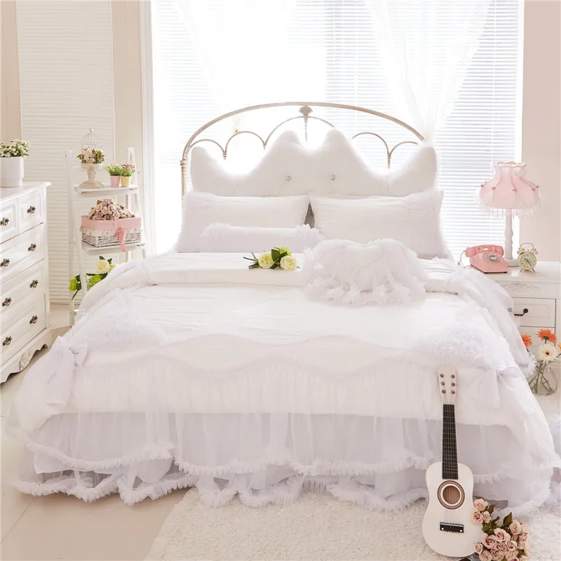 

4/7 Pcs King Queen Twin size Whte Lace Cotton Luxury Wedding Princess Bedding Set Bed skirt Duvet Cover set Soft Bedclothes