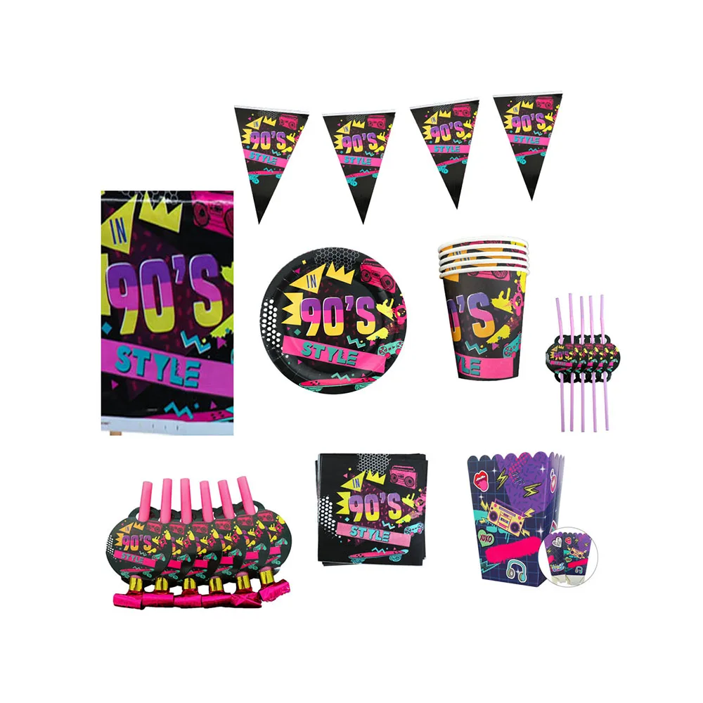 

79pcs/Set 90's Theme Birthday Party Disposable Tableware 90s Theme Party Hats Straws Blowouts Cups Plates Banners Popcorn Boxes