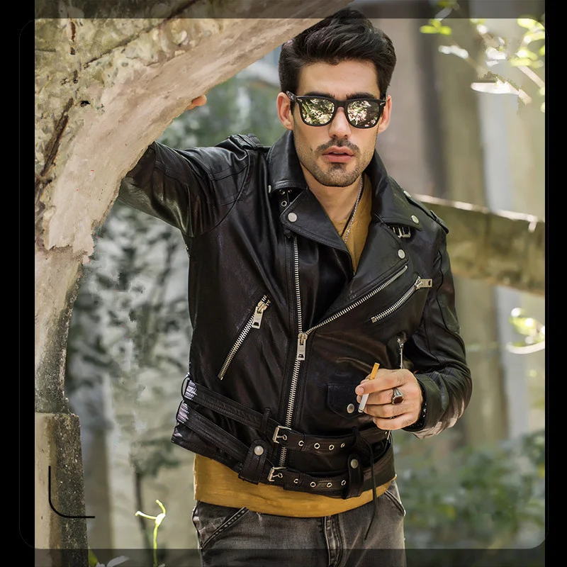 

Куртка мужская из натуральной кожи, с ремнем, в стиле панк