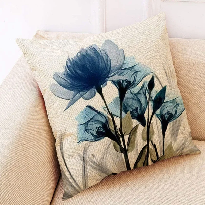 

Decorative Throw Pillow Covers Blue Flower Cushion Covers Linen Square Throw Pillow Cases for Living Room Pillowcases