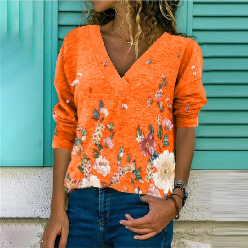 

Fall 2021 new women's floral print casual loose V-neck long-sleeved T-shirt European and American urban trend ladies T-shirt