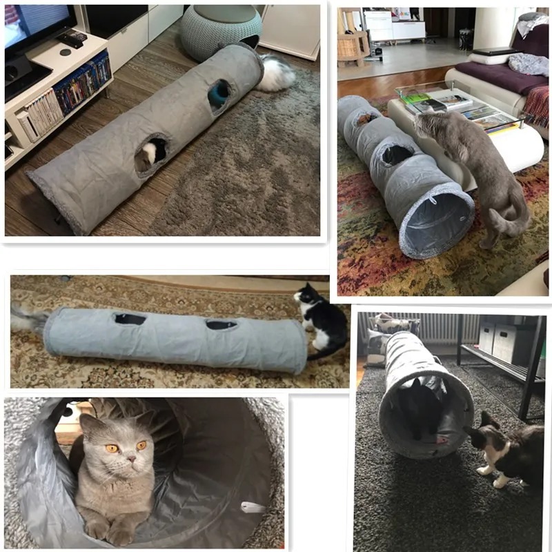 

Collapsible Cat Tunnel Toys With Ball Fun Cat Toys 2 Suede Peep Hole Crinkle Kitten Play Tube for Large Cats Bunnies Pet Toys
