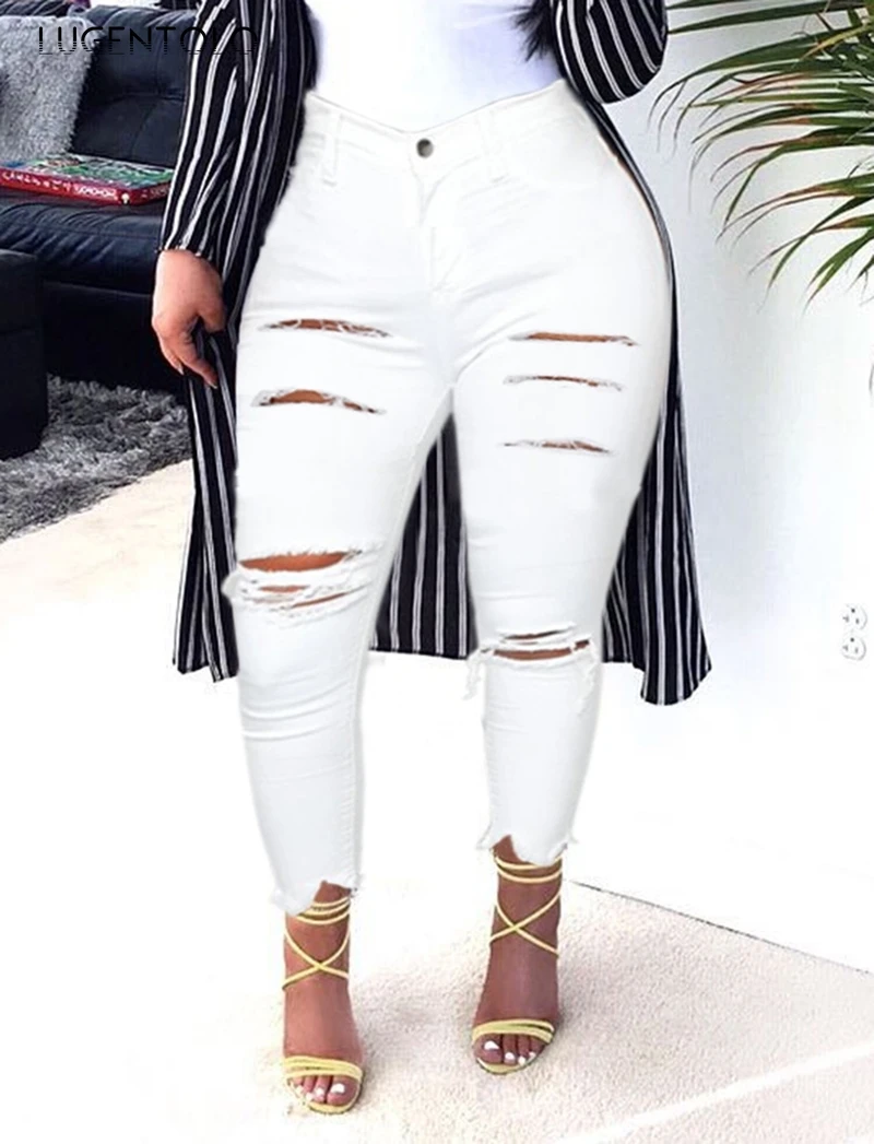 

Lugentolo Jeans Women's Hole Casual Pants Early Spring White Solid Tight High Waist Trousers Female Street Long Pencil Jeans