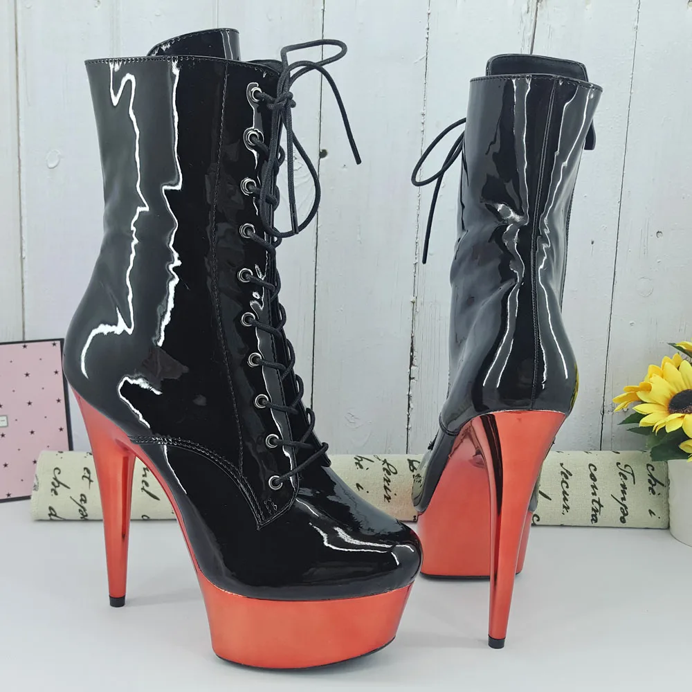 Leecabe 15CM/6Inches RED platform with Shinny black upper High Heel platform Boots Closed toe  Pole Dance boot