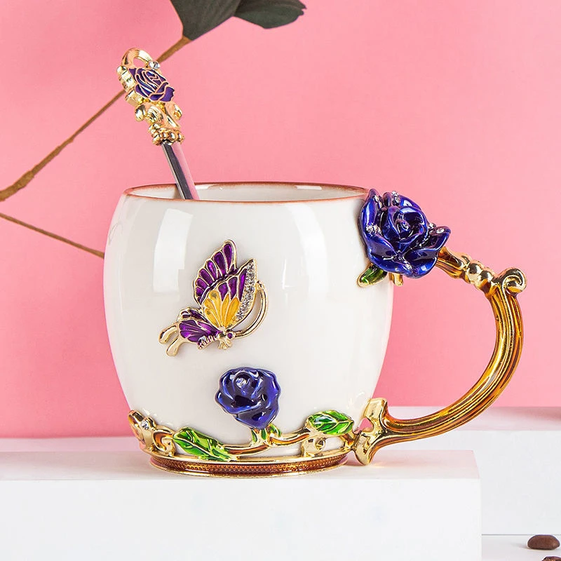 

White porcelain Enamel Crystal mug Tea Cup Rose Coffee Mugs Butterfly Rose Painted Flower Water Cups ceramics with Spoon Set