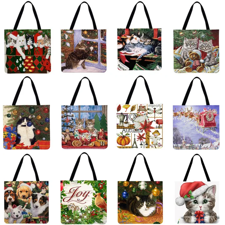 

Linen Shopping Bag Foldable Square Storage Bag Outdoor Travel Ladies Shopping Fashion Christmas Cartoon Printed Handbags