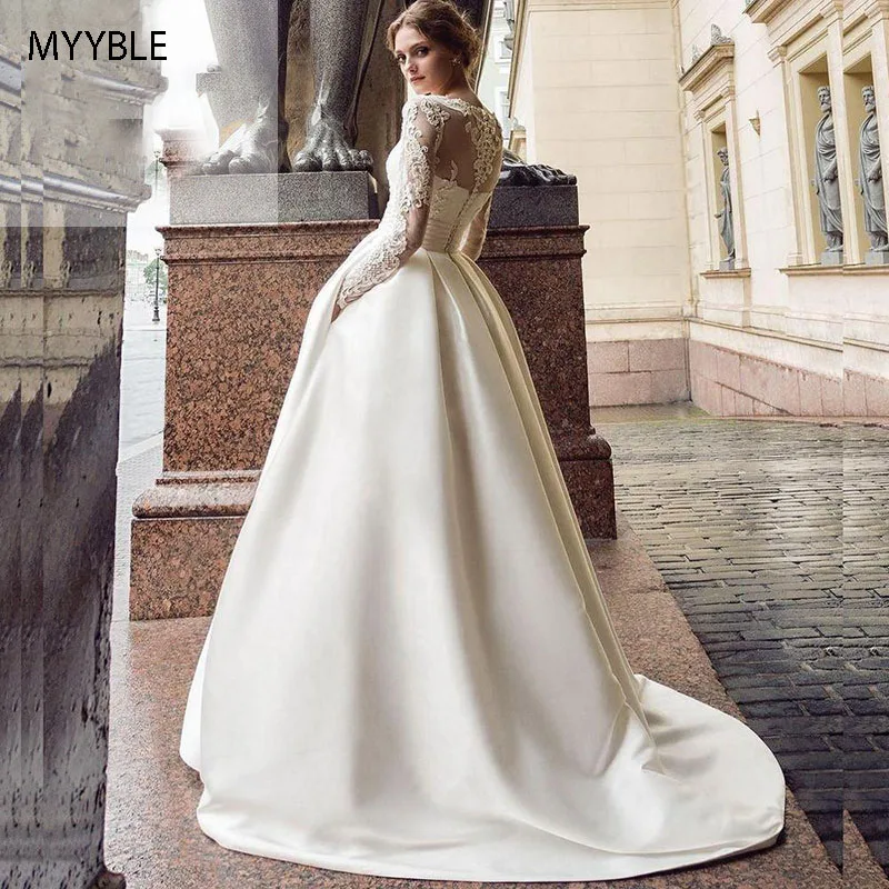 MYYBLE 2021 vestido de Novia manga larga modesto satén con apliques línea a bolsillos Vestido | Свадьбы и торжества