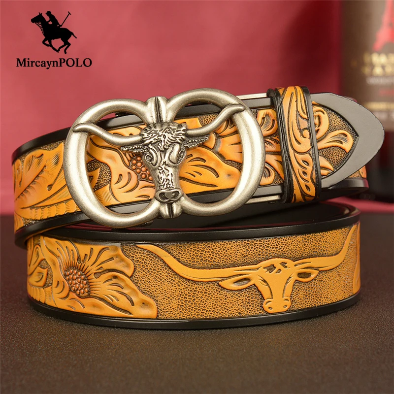 MircaynPOLO Luxury Men Belt The First Layer Genuine Leather Mens Belts Brand Vintage Bull Head Copper Buckle Noble Male Strap