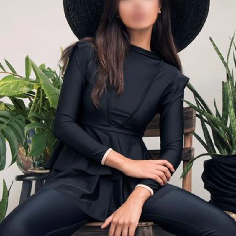 

Женский размера плюс набор из 3 предметов 2021, однотонные черные оборки Burkini с бюстгальтером и подушечкой, женские купальники Maillot De Bain Femme