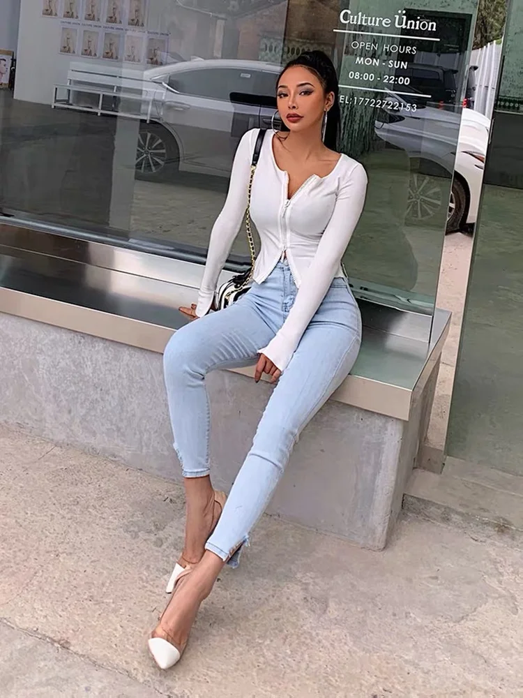 

2020 summer new light blue high waisted jeans women's Tight Sexy cropped pants with holes women's hip pants with open legs