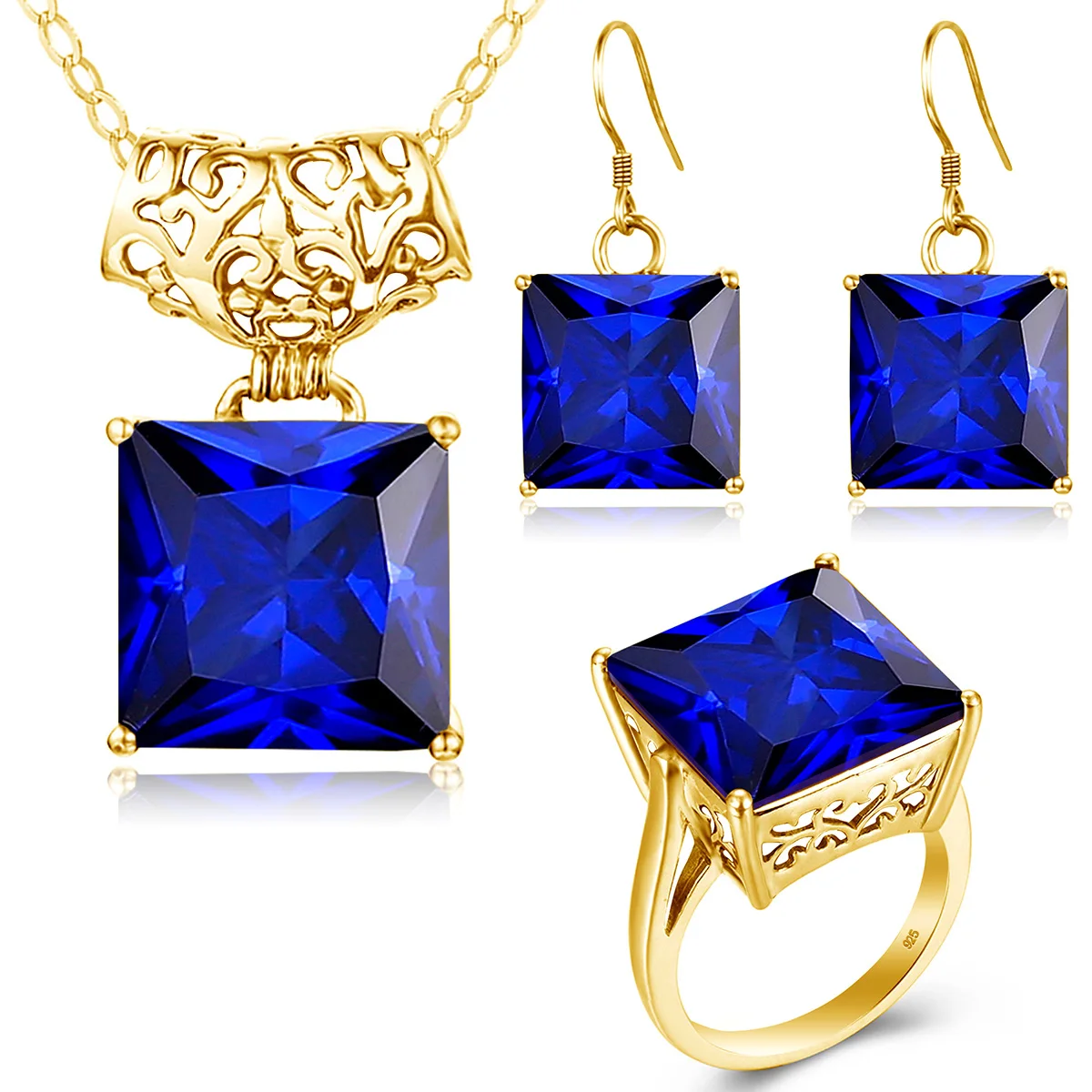 

Szjinao Real Silver 925 Square Sapphire Woman Jewelry Sets Gold Color Hook Earrings Ring Pendant Anniversary Engagement Gift