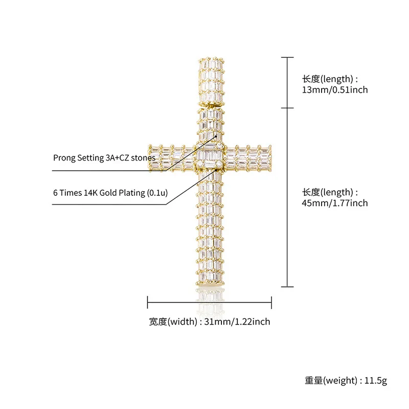 

Gold Color Hip Hop Cross Necklace With Micro Paved AAA Zircon Stone Long Chain Necklace For Men Women Rapper Gift