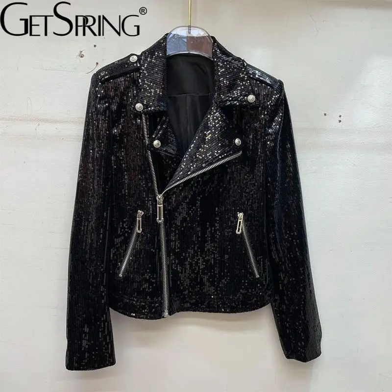 

Куртка женская короткая кожаная, с блестками, Осень-зима