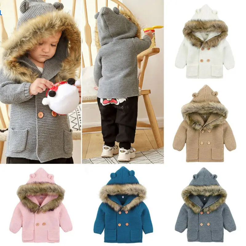 

PUDCOCO Winter Warm Newborn Baby Boy Girl Outwear Long Sleeve Knit Hooded Coat Fur Collar Cardigans Tops Jacket Clothes 0-24M