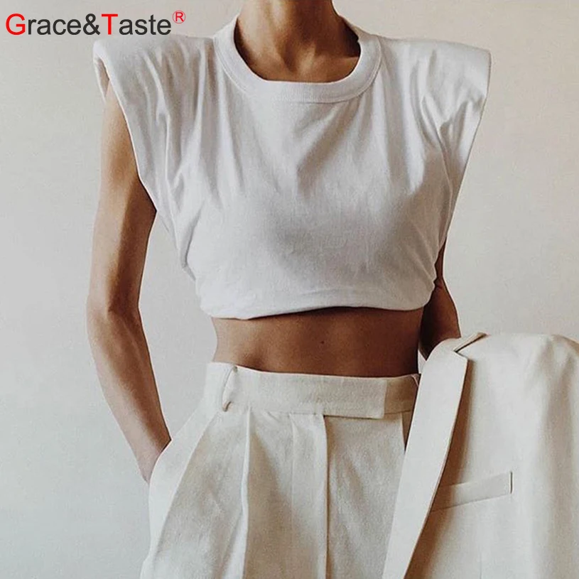 

Grace&Taste Fashion 2020 Summer Autumn Design Temperament Casual Round Neck Sleeveless Short Crop Navel T-Shirt Shoulder Padded