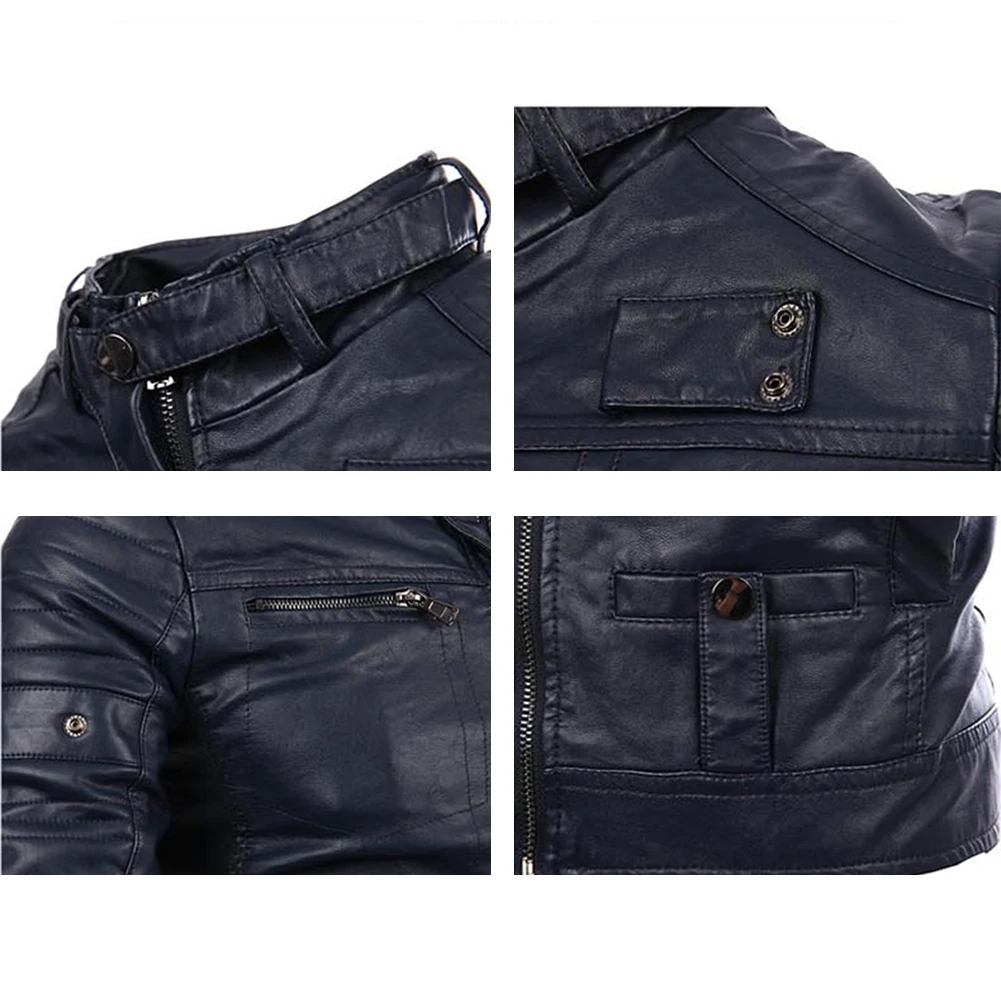 

Autumn Winter Fashion Men Faux Leather Stand Collar Zipper Pockets Slim Jacket