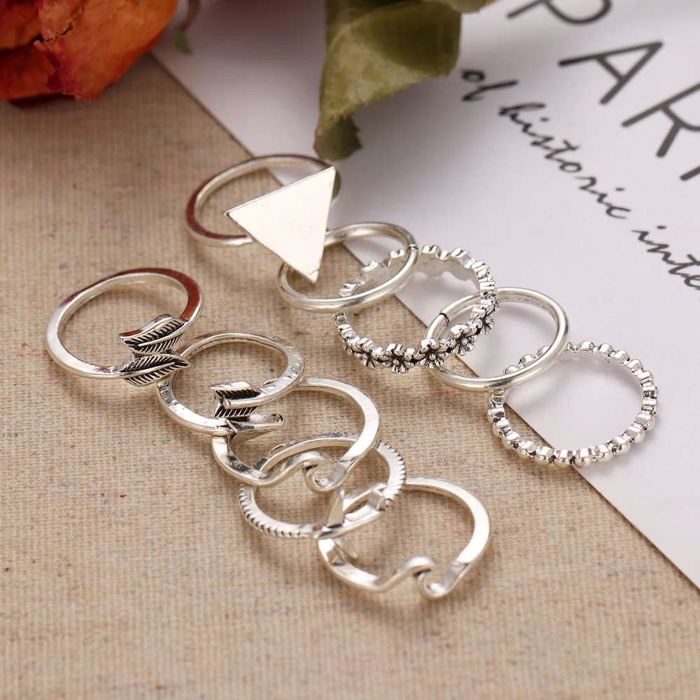 9 шт./компл. винтажное серебряное треугольное кольцо с геометрическим рисунком