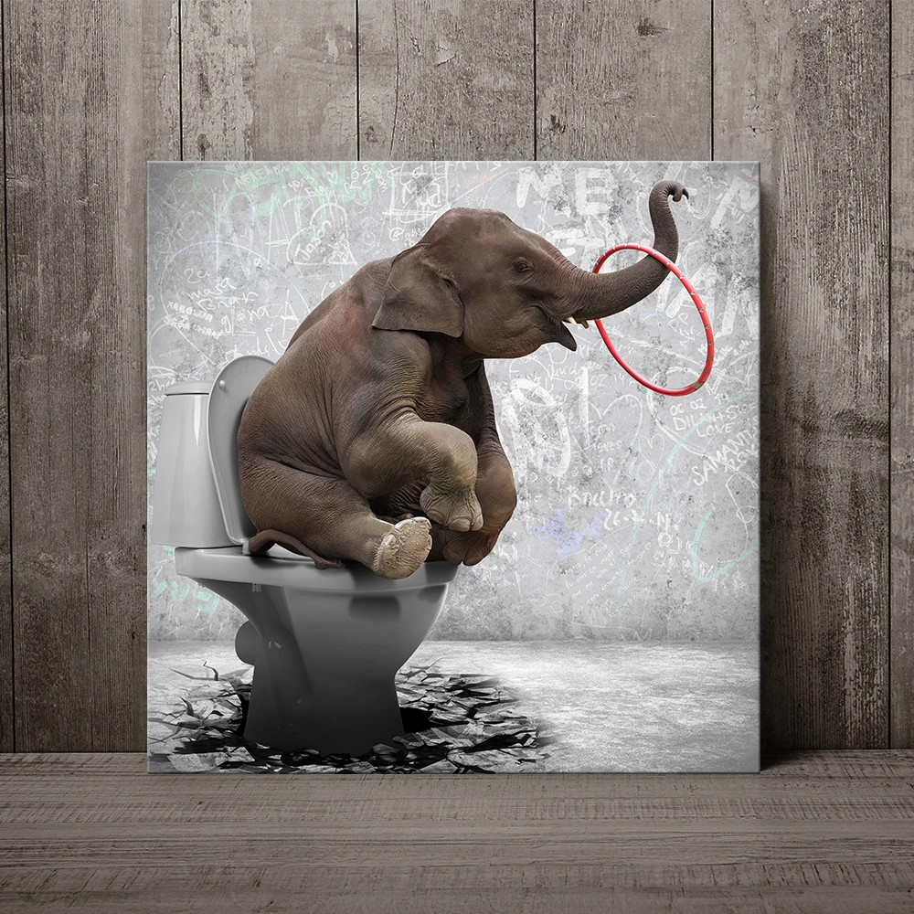 

Funny Elephant Sitting on The Toilet Animal Poster Office Artworks Picture Home Decor Canvas Painting Wall Art Posters and Print