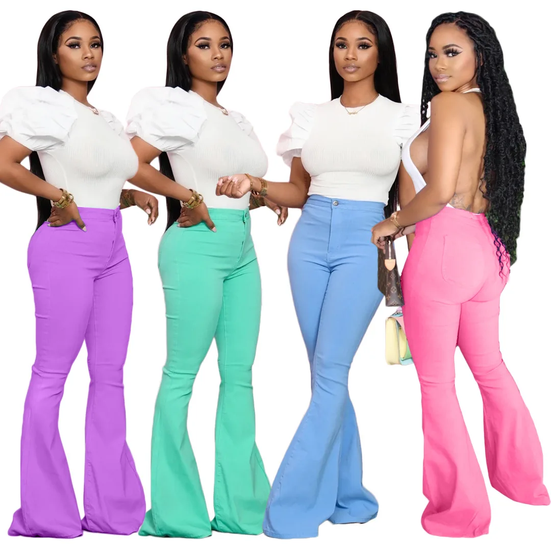 

Women Solid Jeans Bell-Bottomed Pants Female Street Wear Candy Color High Waist Skinny Bodycon Flared Trousers Woman Clothing