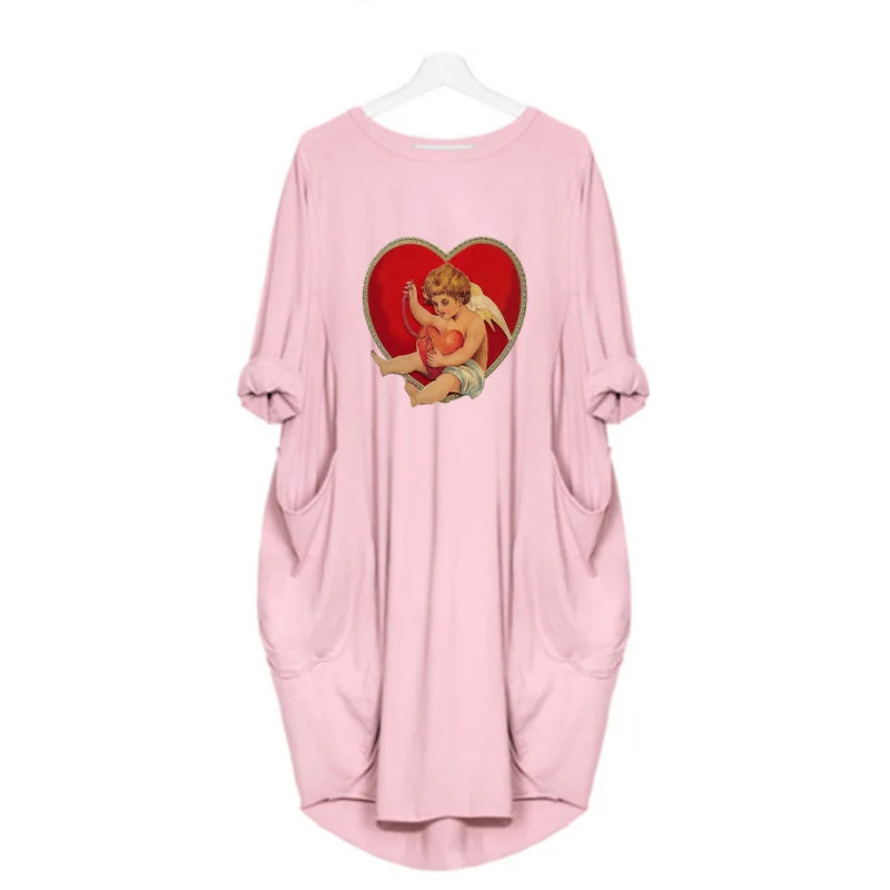 

Angel Love Print Women Dress Long Sleeve Pocket o Neck Autumn Loose Party Dresses Vintage Plus Size Vestidos Streetwear Femme
