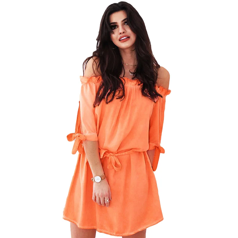 Solid Color Belt Dress Slash Neck Elastic Ruffles Off Shoulder Half Sleeves Bandage Bow Dresses Spring Summer Autumn Women | Женская