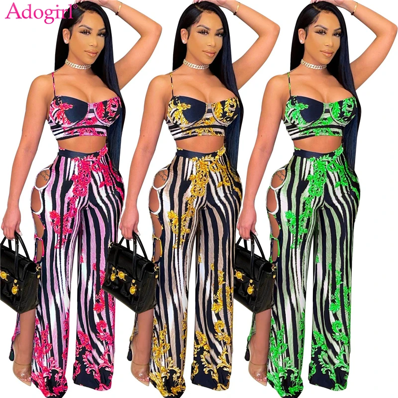 

Adogirl Fashion Print Women Casual Two Piece Set Spaghetti Straps Crop Top Hollow Out Wide Leg Pants Summer Beach Suit Clubwear