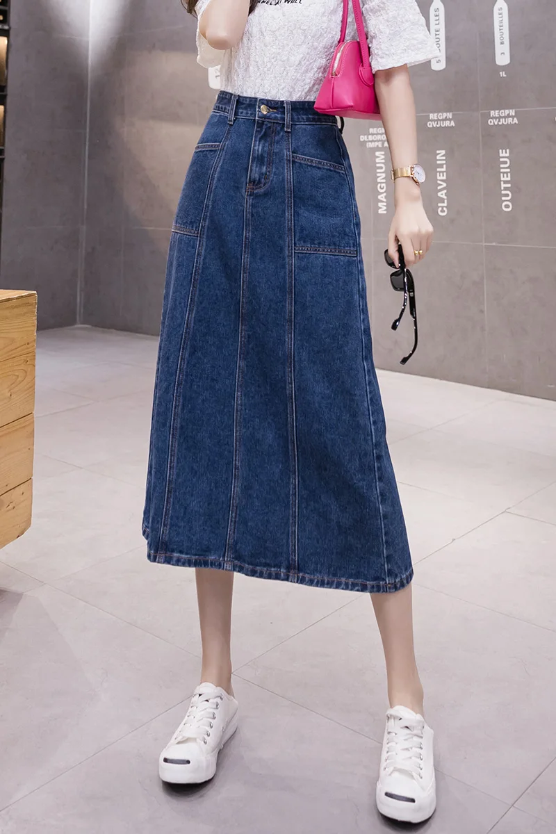 

COIGARSAM Women Long Skirt 2021 Casual Loose Solid High Waist Blue Skirts