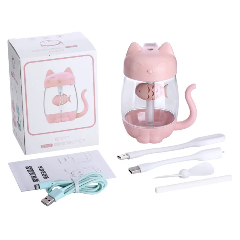 

3 In 1 Cat Air Humidifier,350ML USB Ultrasonic Cool-Mist Adorable Mini Humidifier With LED Light Mini USB Fan For Home Office