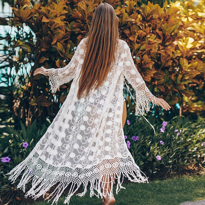Knitted tunic beach dress women White swimwear Fringed bathing suit Gossamer cover-ups Hollow out kaftan kimono New beach wear