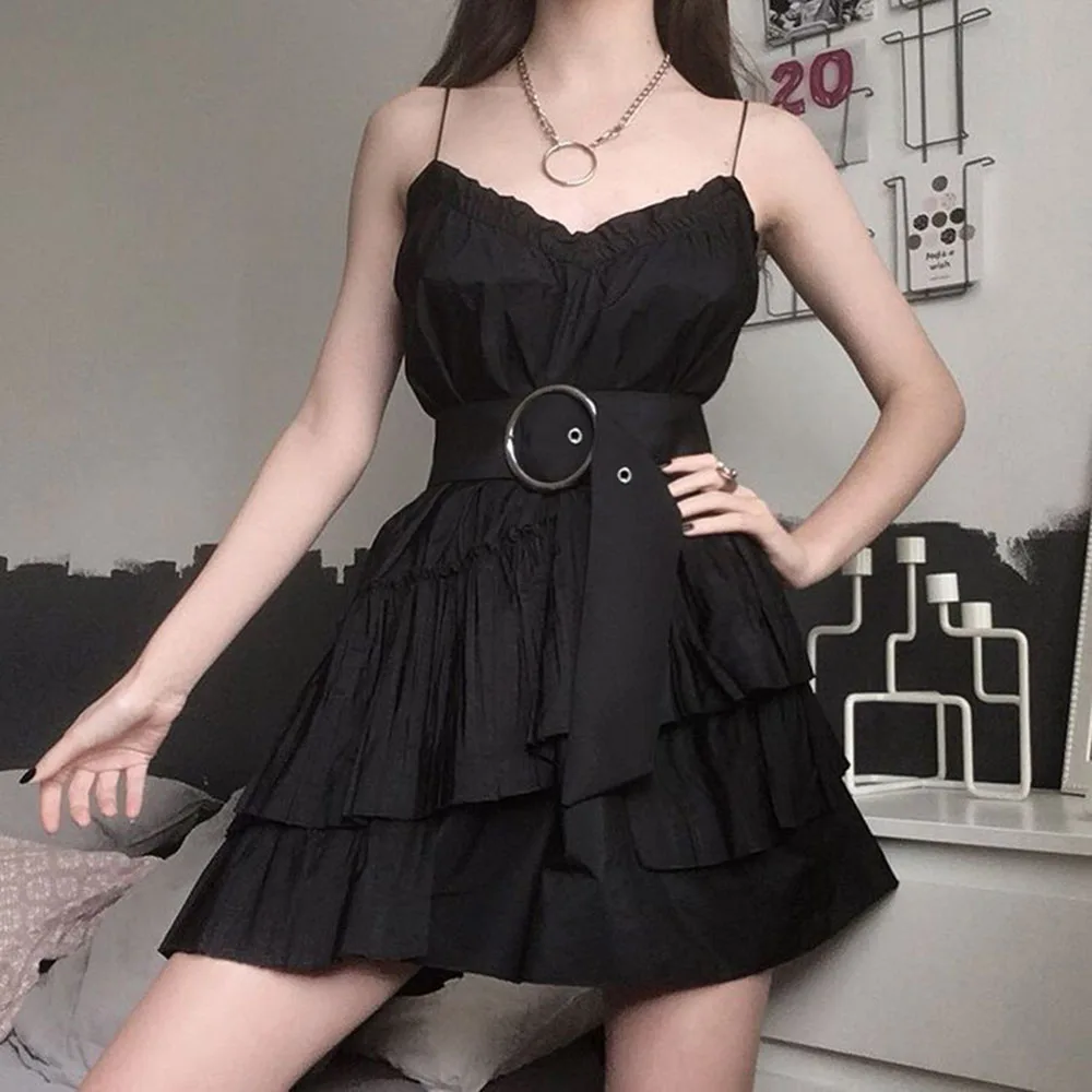 

High Street Fashion Solid Color Irregular 2021 Summer New Women's Dress Hipster Belt Sexy Draw Back V-neck