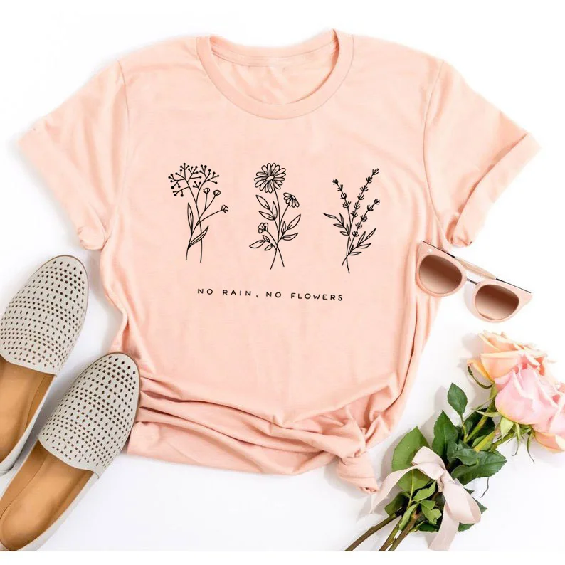 peach tee black text Летняя футболка с цветами без дождя модная повседневная женская желтая одежда футболка с коротким рукавом без дождя с надписью Grunge - Цвет: peach tee black text