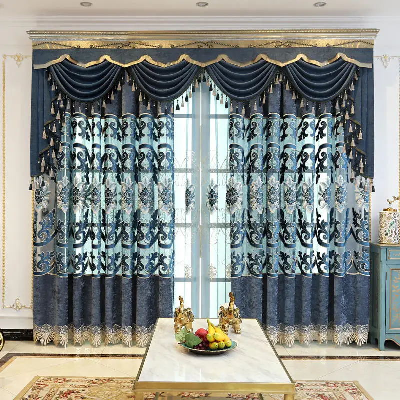 blue curtain Синий/коричневый шенилл жаккард Европейский роскошный классический вышивка занавес гостиной спальня кабинет вилла декоративный изысканный - Цвет: blue curtain