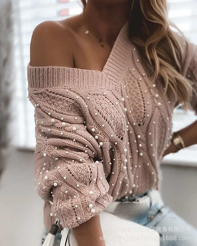 

2021 new pink V-neck bubble bead sweater casual warm sweater